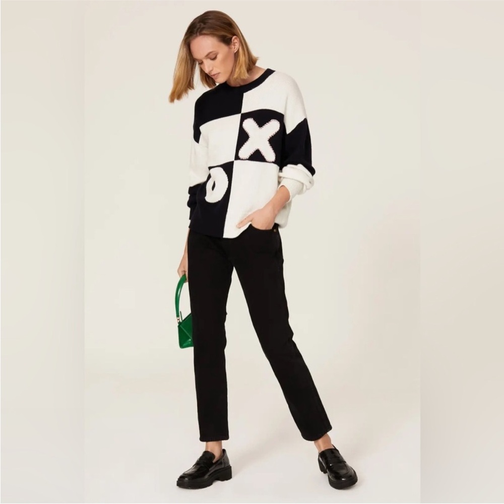 STAUD Tic Tac Toe X O Black White Checkerboard Sweater - Medium M Cotton Wool